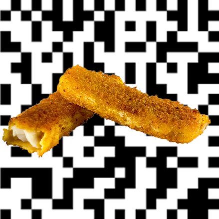 An unbitten fishstick rests atop a bitten fishstick, against a QR code background