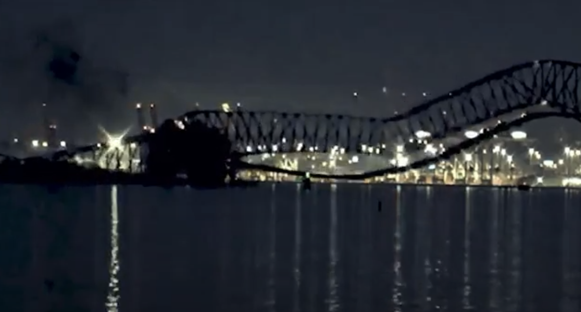 A screenshot of a video of the collapse of the Francis Scott Key Bridge on March 26, 2024